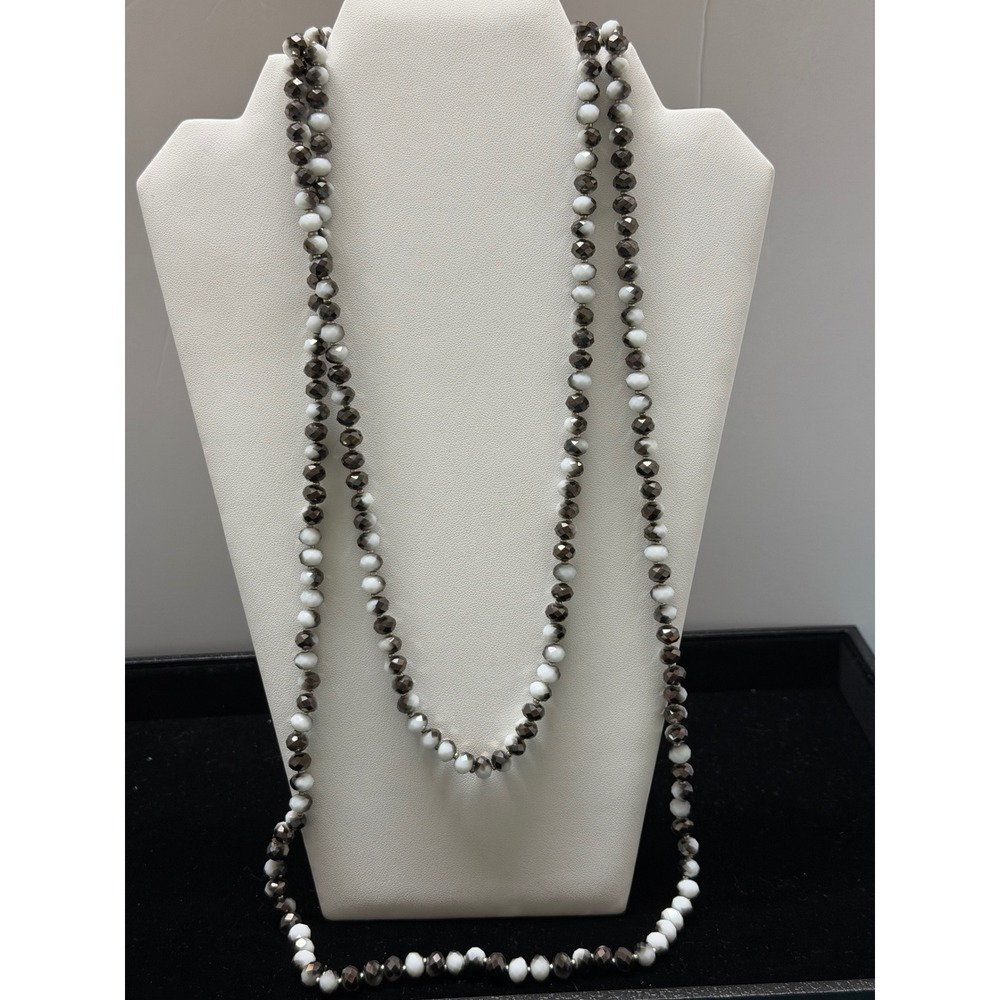 Long Faceted Glass Bead Strand‎ Necklace Smoky Grey White Layering Jewelry